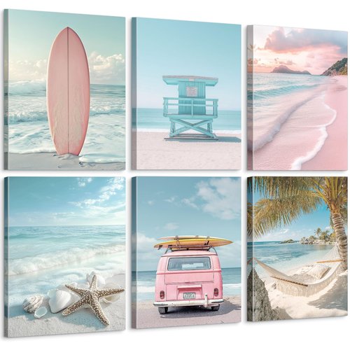 Pink Beach Scene Wall Art Surfboard 6 Piece Beachy Coastal Scene Prints, Tropical Relaxing Days Summer Print Canvas Artworks For Bedroom Girls Room Décor - Ready to Hang - Framed, Set of 6, 8x10Inch