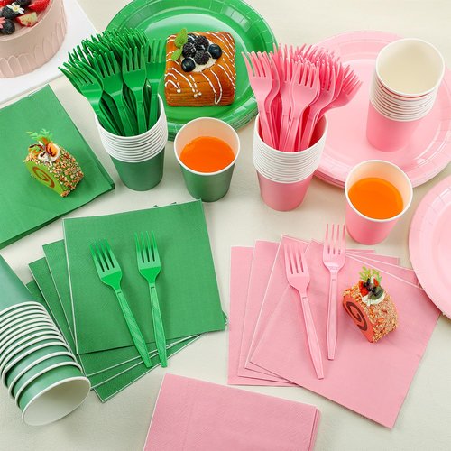 Willinglong 48 Sets/ 192 Pcs Green and Pink Witch Party Decoration Pink and Green Paper Plates Napkins Cups and Fork Decorations for Girl Birthday Decorations