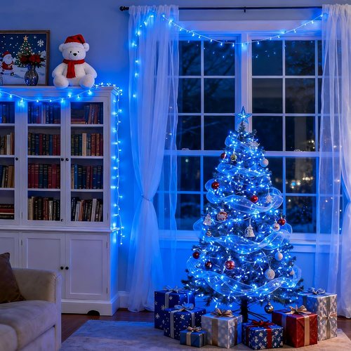 JMEXSUSS 100 LED Blue Christmas Lights - 33ft Connectable Fairy String Lights with 8 Modes for Indoor/Outdoor Use