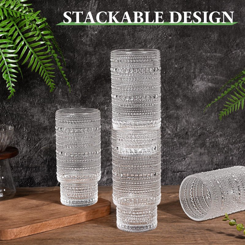 AUFXKOO 16OZ Glass Coffee Cups with Lids and Straw,4Pcs Glass Tumbler with Straw and Lid,Vintage Embossed Glassware for Whiskey Cocktail Beer,Iced Coffee Cup