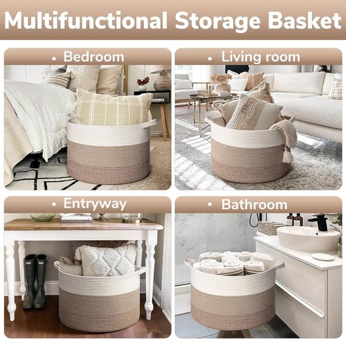 Goodpick Large Woven Rope Laundry Basket - Stylish Storage for Blankets & Toys | 21.7'' x 13.8'', Light Brown