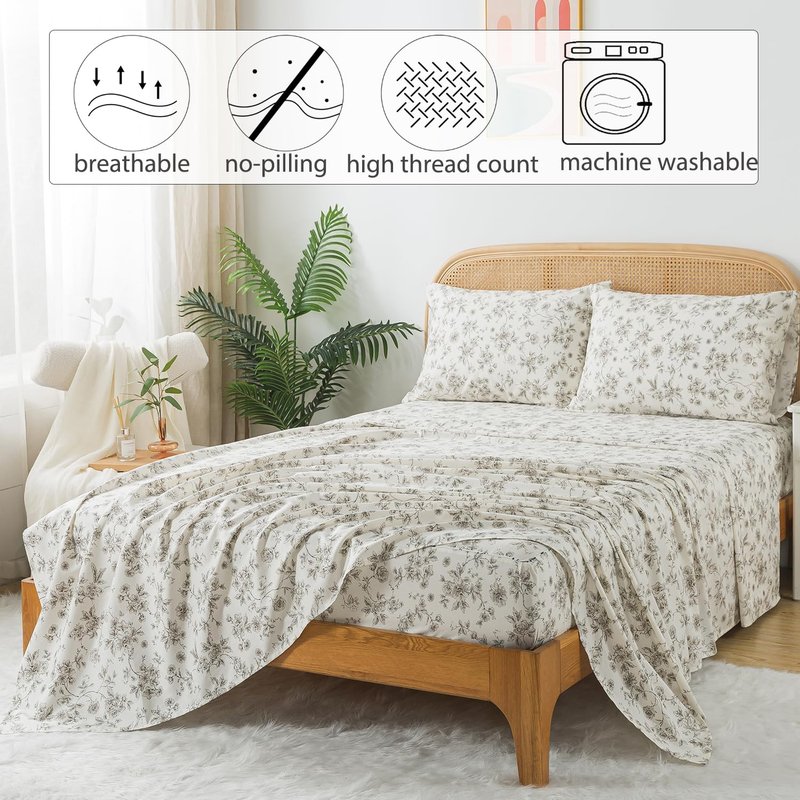 Zusbest California King Tan Floral Sheets 100% Cotton Beige Patterned Bed Sheet Set Vintage Peony Flower Toile Printed Bedding Soft Breathable Crisp Percale Sheets Deep Pocket 17.5'', 4 Pcs
