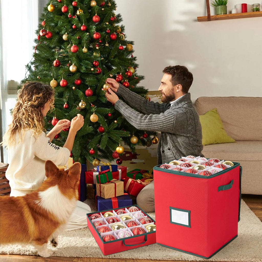 OIAHOMY Christmas Ornament Storage Box - Holds 80 Ornaments with Trays & Zippers, Red 600D Oxford Fabric