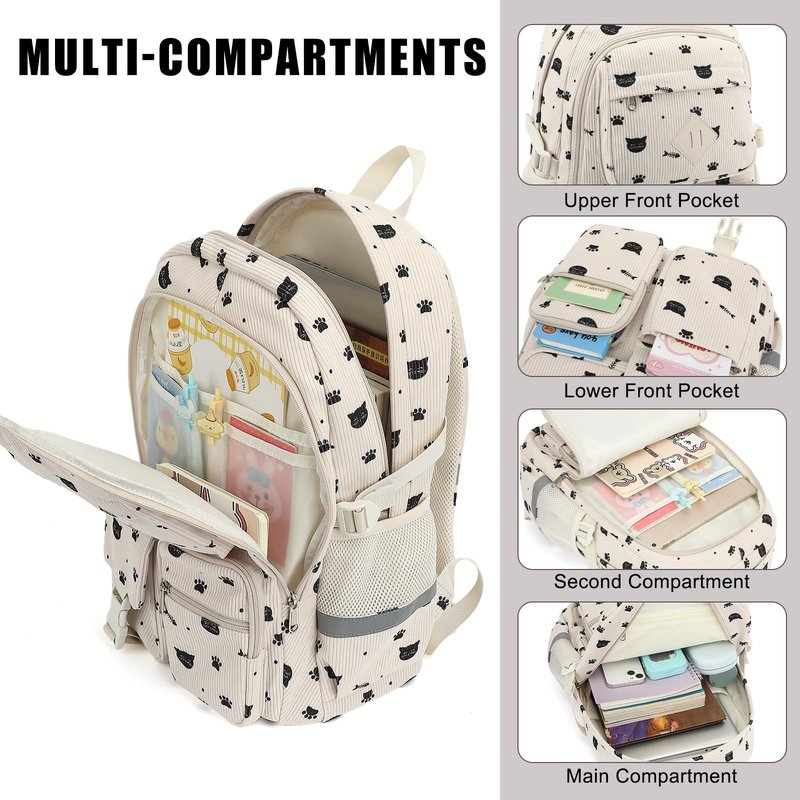 Xunteny Corduroy School Backpack for Girls Boys, Kids Teens School Bookbags Schoolbag Set with Lunch Box Pencil Bag (Cat)