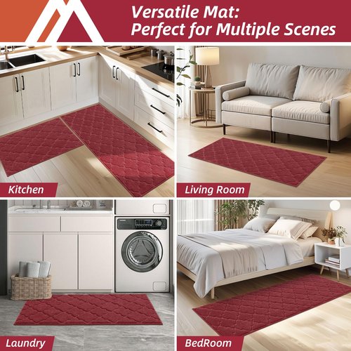 COSY HOMEER Soft Kitchen Rugs [2 PCS] for in Front of Sink Super Absorbent Kitchen Floor Mats and Mats 24x35 Inch/24X60 Non-Skid Kitchen Mat Standing Mat Washable,Polyester,Red