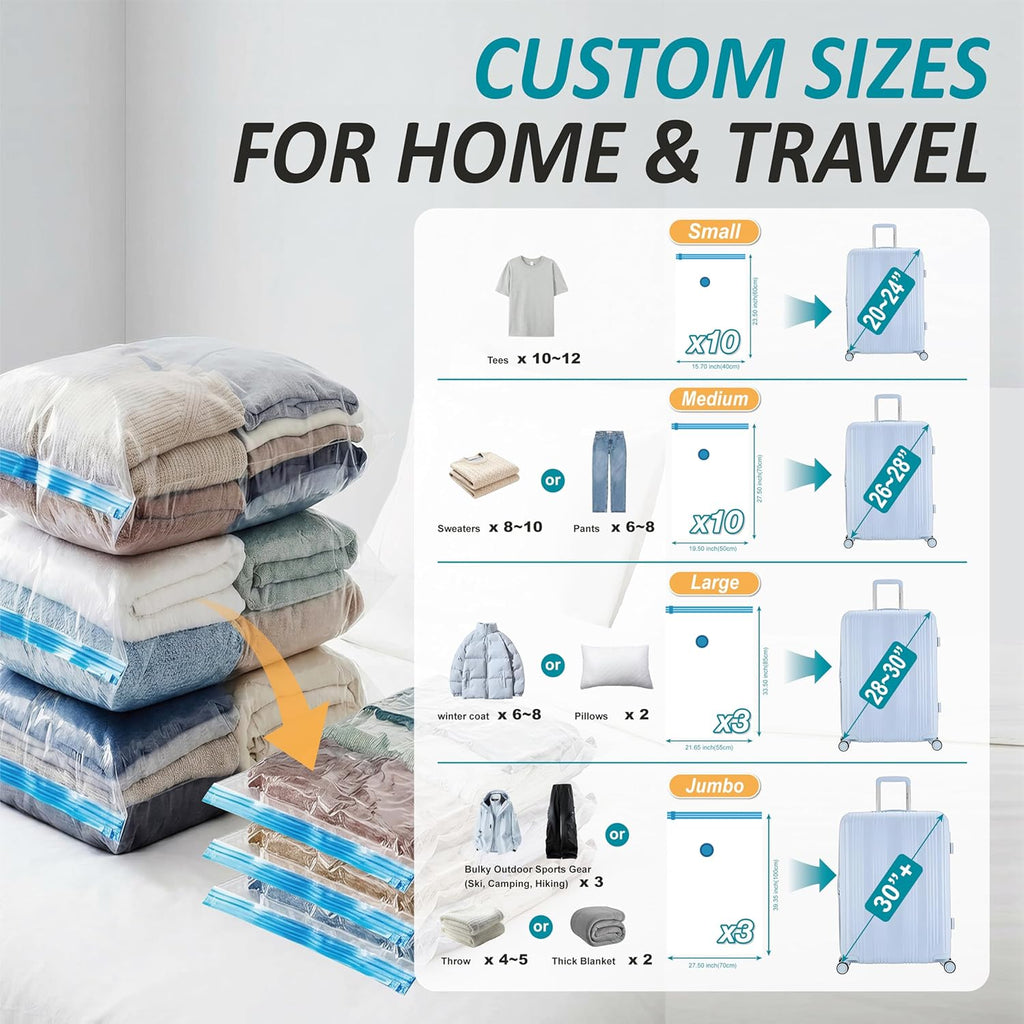 Skiennix Travel Vacuum Storage Bags - Space Saver with Rechargeable USB Pump | 26 Combo for Clothes & Bedding