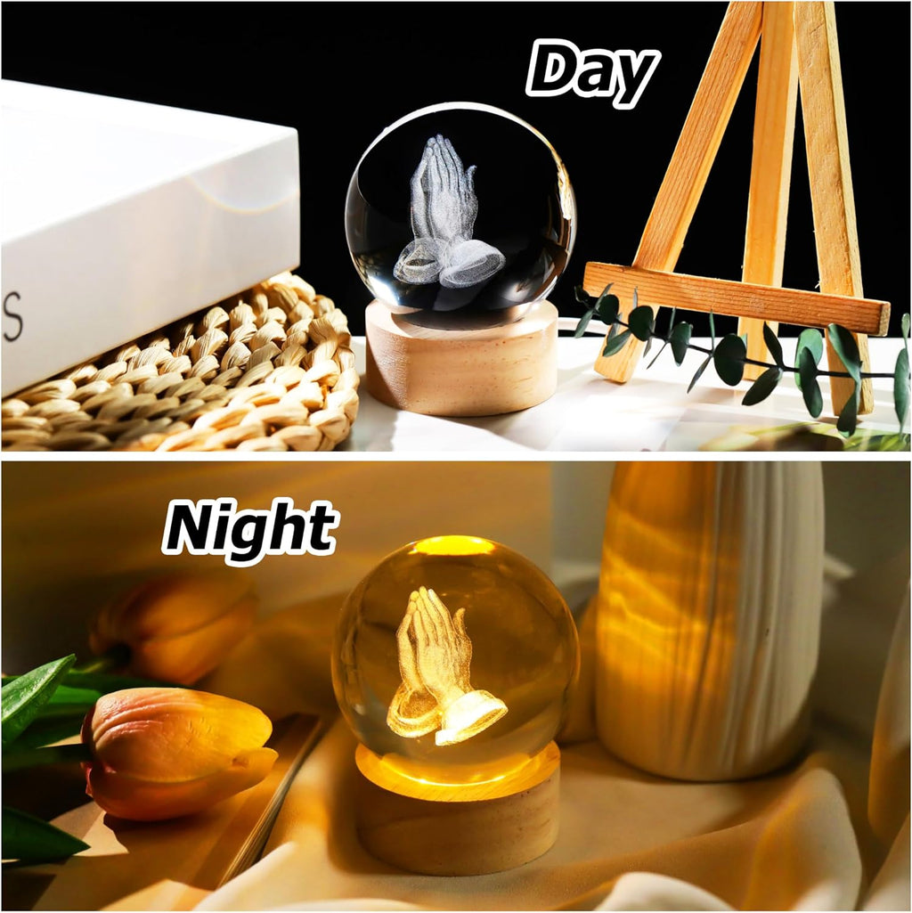 3D Hands Prayer Crystal Ball - Religious Glass Figurine with Wooden Base | 2.36-Inch Night Light Decor