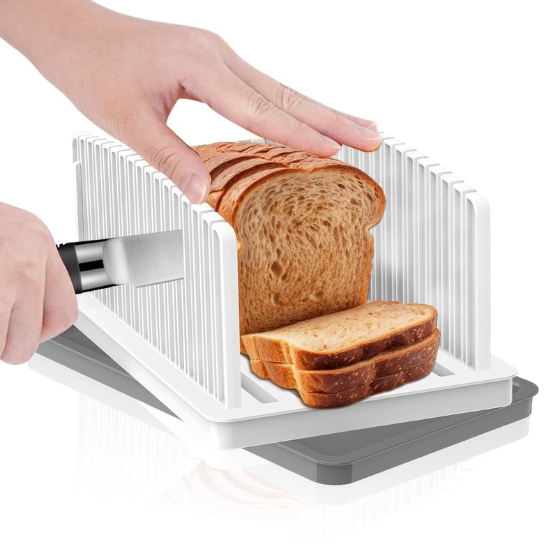 New Upgrade Bread Slicer for Homemade Bread, Bread Slicing Guide Adjustable Width with Grey Crumb Tray, Foldable Compact Cutting Guide for Homemade Bread,Bagels,Loafs,Cakes, Kitchen Gifts, White