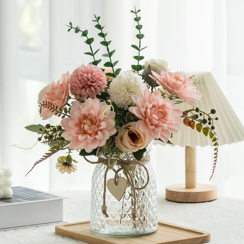Aubcee 3 Pack Set Fake Flowers With Vase, Faux Silk Pink Dahlia Artificial Flowers for Home Decor, Coffee Table, Living Room, Bathroom Plant Decor
