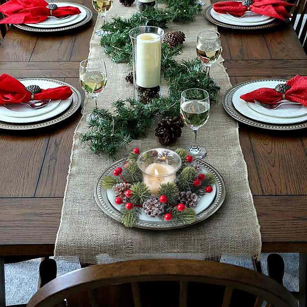 Skiennix Christmas Candle Rings - Artificial Berries & Pinecones Wreaths | 3-Inch Centerpiece for Holiday Decor (Set of 2)