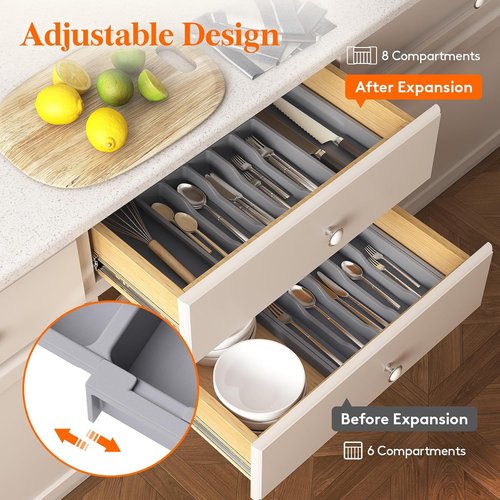Lifewit Expandable Silverware Drawer Organizer - BPA Free Utensil Tray for Kitchen | Adjustable Gray 33-57 x 42cm