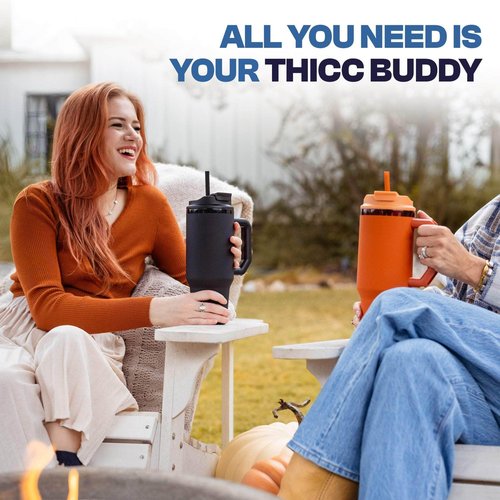 Frost Buddy Thicc Buddy - 50 oz Stainless Steel Vacuum Insulated Tumbler with Lid and Straw for Water - Travel Mug Cupholder Friendly - Gifts for Women Men Him Her (White)