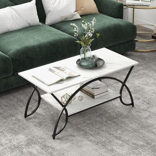 COSTWAY 2-Tier Coffee Table, Modern Faux Marble Accent Table with Storage and Black Finished Metal Frame, Chic Rectangular End Table for Living Room Office Lounge (White+Black)