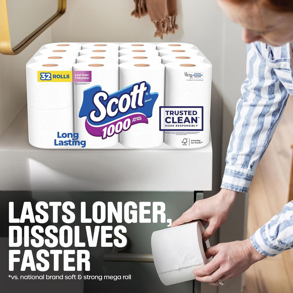 Scott 1000 Toilet Paper - Trusted Clean, Septic-Safe, 1-Ply | 32 Rolls for Ultimate Comfort