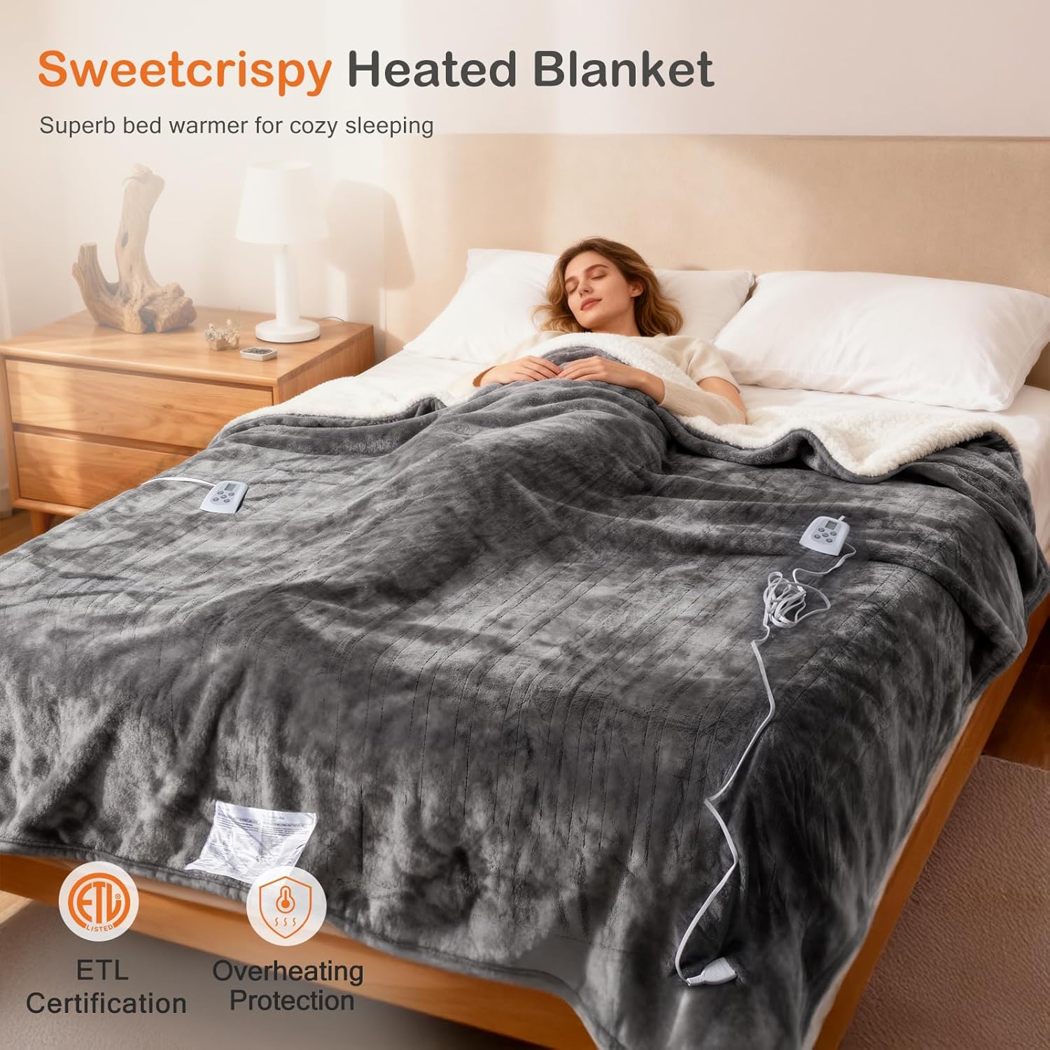 Sweetcrispy Heated Blanket - Full Size 77''x84'' | 10 Heat Levels, Auto-Off, Washable Flannel & Sherpa