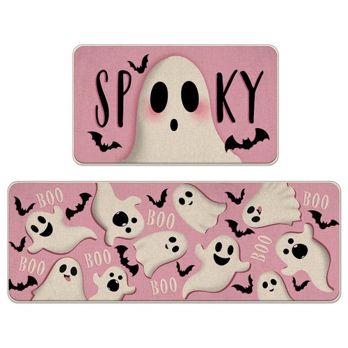 Livcoz Pink Halloween Spooky Ghost Kitchen Rugs Set of 2, Cute Bats Boo Floor Mats Home Decor, Funny Door Mat Decorations - 17x29 and 17x47 Inches