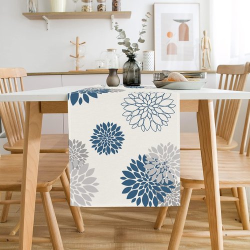 WHOMEAF Blue Gray Table Runner Dahlia Pinnata Flower Beige Table Runners Modern Elegant Pompon Farmhouse Geometric Table Center Decor for Home Dining Party Entrance (13x72 Inch)
