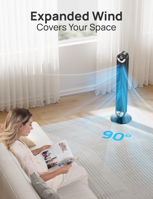 DREO Tower Fan - 90° Oscillating Standing Floor Fan with 28ft/s Velocity, 25dB Quiet Operation, 9 Speeds & Remote Control