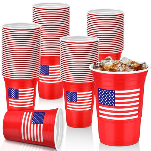 Funnymoom 50 Pcs Patriotic Plastic Cups 16 oz 4th of July Party Theme Decorations Red White and Blue Disposable American Flag Cup Hot Cold Drink for Birthday Memorial Day Independence Day Supplies