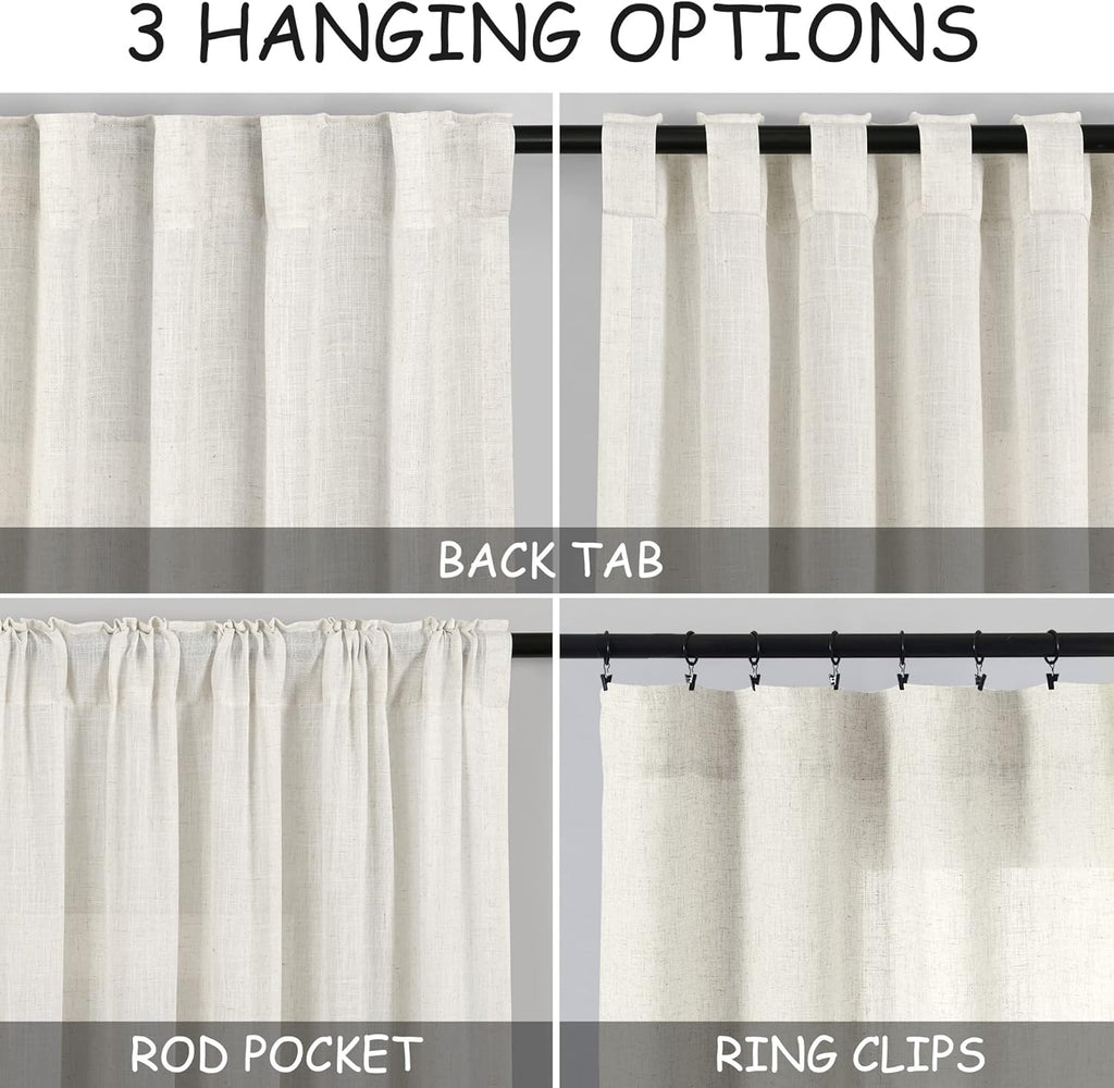 Skiennix Cream Linen Back Tab Curtains - 84 Inch Length | Semi-Sheer 2 Panel Set in Natural Ivory for Modern Farmhouse Decor