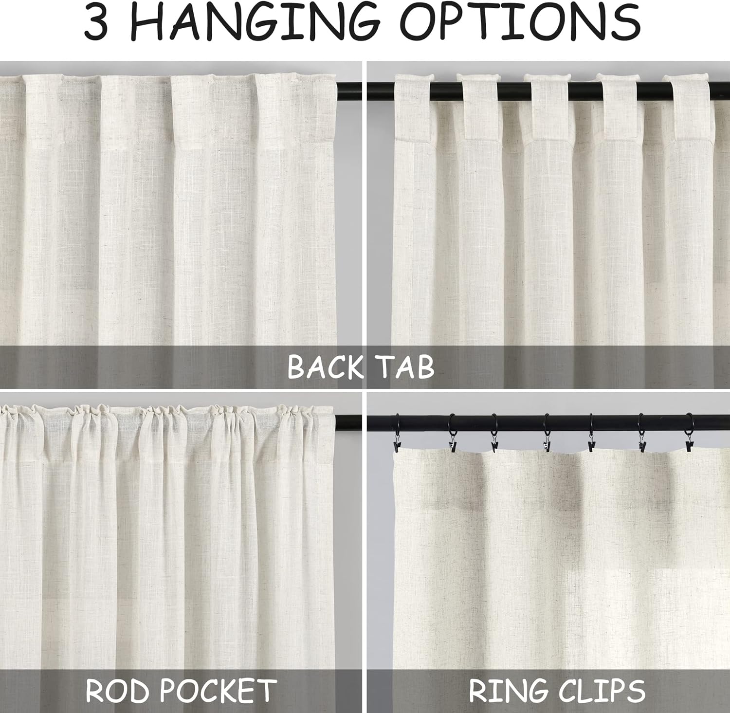 Skiennix Cream Linen Back Tab Curtains - 84 Inch Length | Semi-Sheer 2 Panel Set in Natural Ivory for Modern Farmhouse Decor