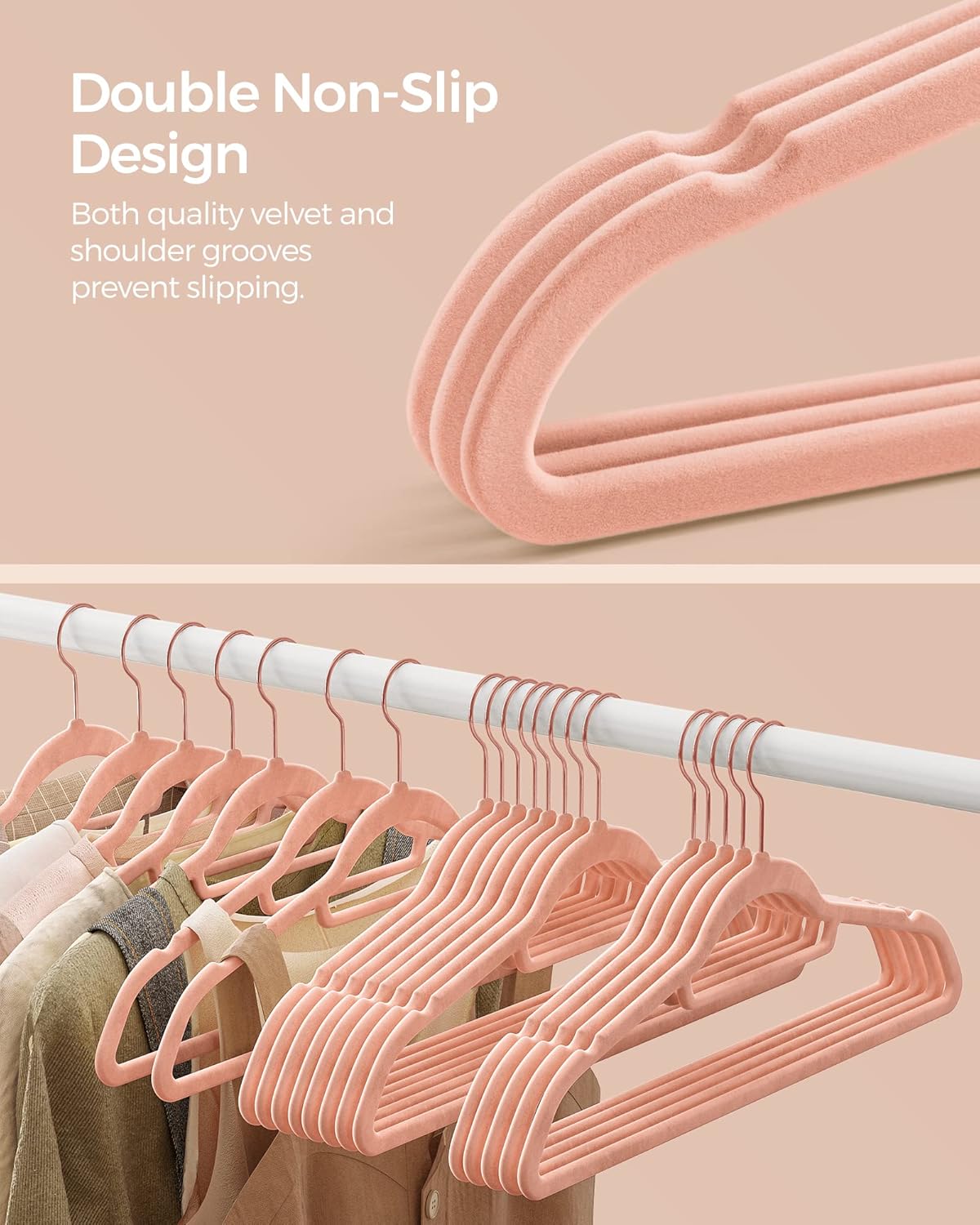 SONGMICS Velvet Hangers - Non-Slip Rose Gold Swivel Hook - Space-Saving Set of 50 - Coral Pink, 17.1-Inch Long