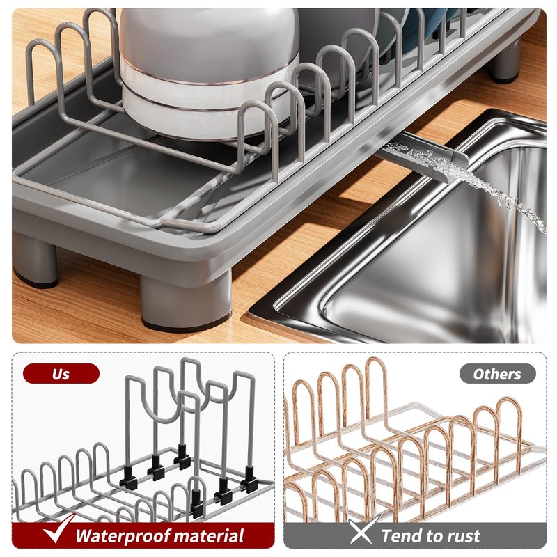 SanDream Small Dish Drying Rack with Removable Utensil Holder & Anti-Scratch Base - Stainless Steel Dish Rack, Dish Drying Rack with Drainage & Space Saving Design for Kitchen Counter, Gray