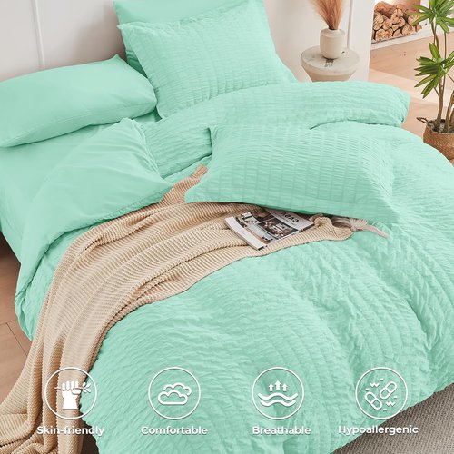 HYMOKEGE Twin Comforter Set - Mint Green Seersucker 5-Piece All-Season Luxury Bedding Set