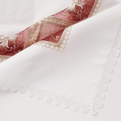 Violet Linen Emerald Roses Lace Pattern, Polyester Embroidered, Cutwork, Burgundy, 70 Inch x 105 Inch, Seats 8 to 10 people, Rectangular Tablecloths