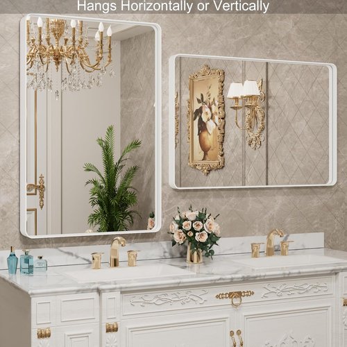 LOAAO White Metal Framed Bathroom Mirror - Large 40x30 Inch Rounded Rectangle | Anti-Rust Tempered Glass