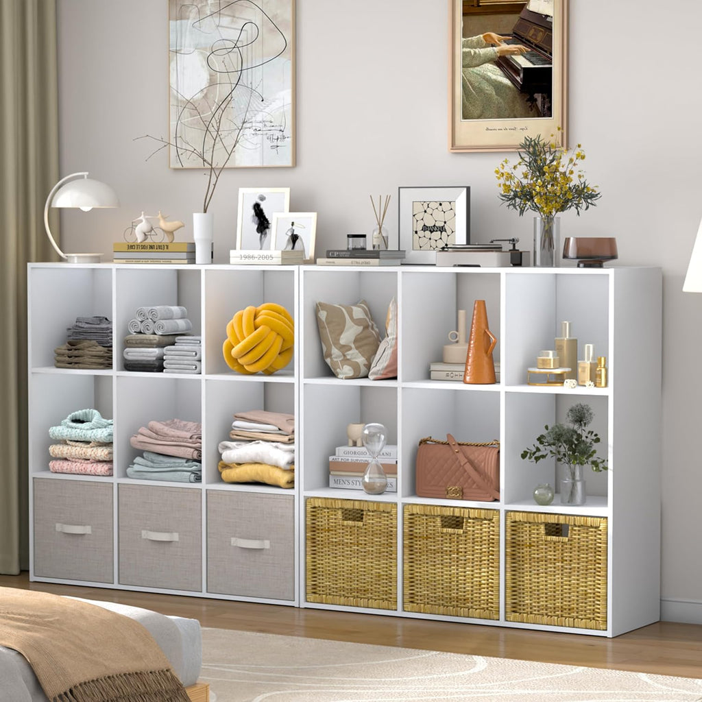 PrimeZone Stackable 9-Cube Storage Organizer - Versatile Wood Shelf for Closet & Bedroom - White Cubicle Cabinet