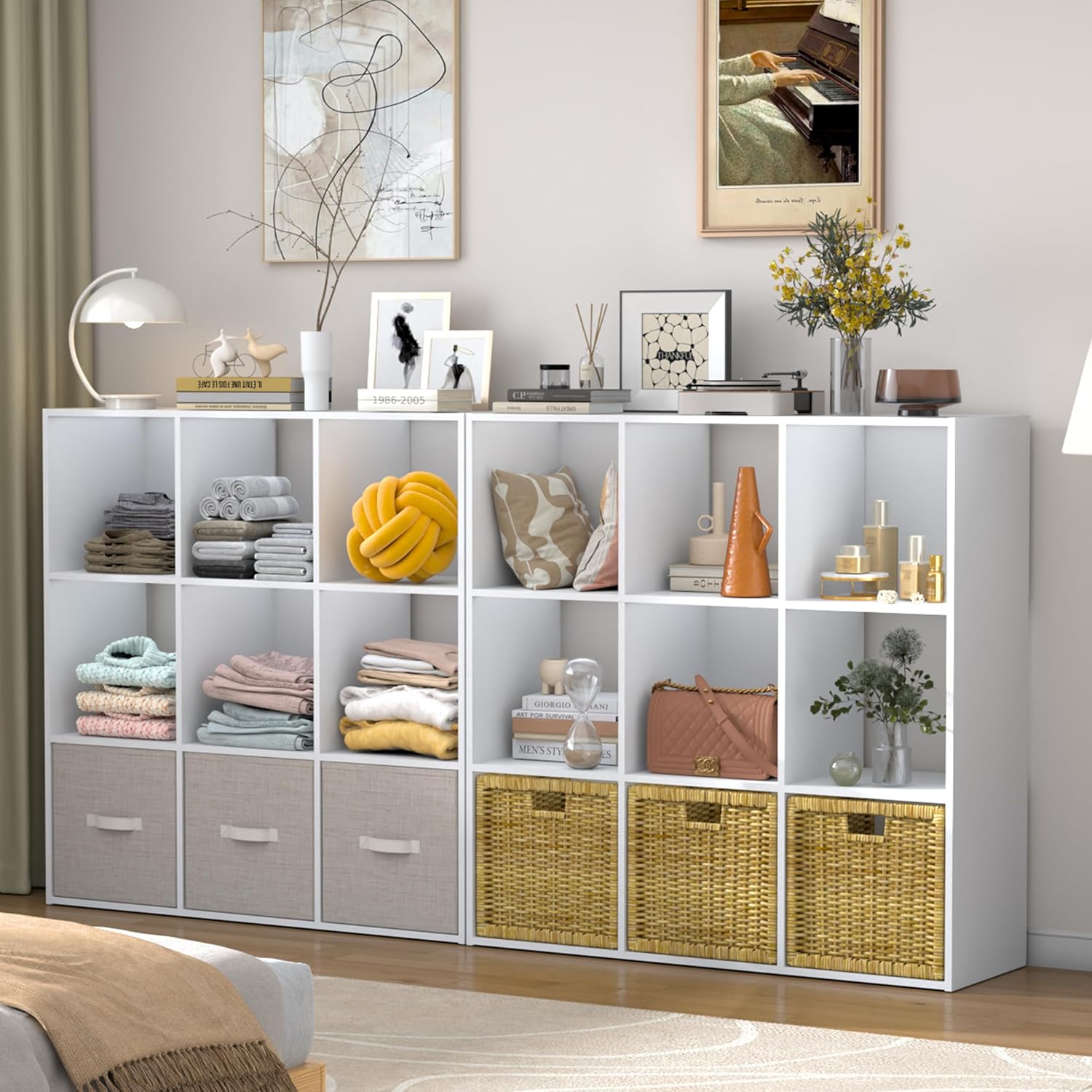 PrimeZone Stackable 9-Cube Storage Organizer - Versatile Wood Shelf for Closet & Bedroom - White Cubicle Cabinet