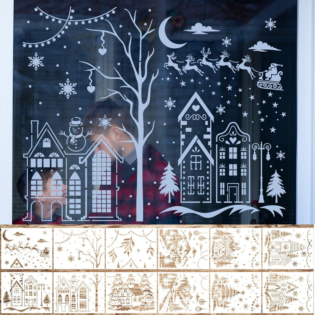Skiennix 12 Pcs Christmas Stencils - Large 13.78 x 11 Inch Reusable Holiday Templates for DIY Glass Decor