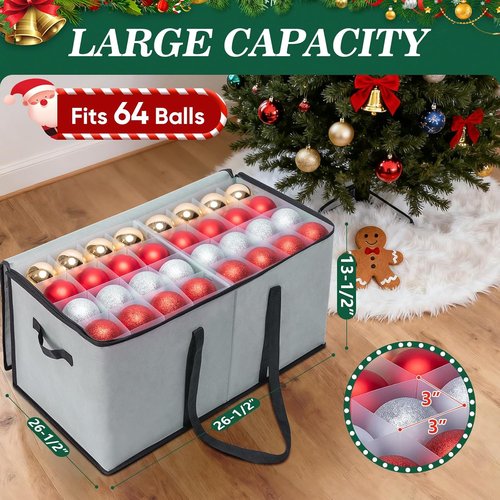 BALEINE Christmas Ornament Storage Box - Premium Container with Dividers for 128 Balls | Red, Soft