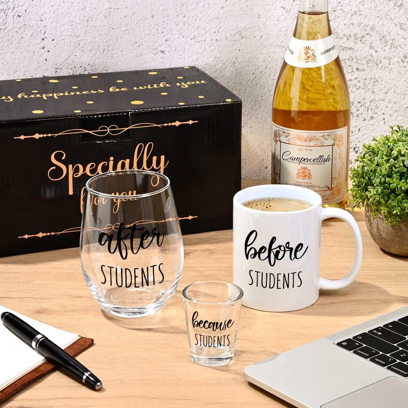 Futtumy Before Students After Students Gift Set 11oz Coffee Mug 17oz Stemless Wine Glass 2oz Shot Glass Set for Teacher Principal Professor, Teacher Appreciation Gifts End of Year Gifts for Women Men