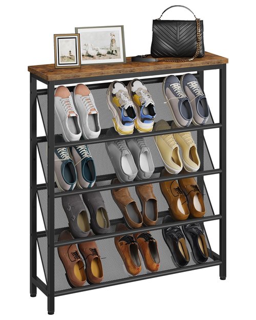 CHOEZON Shoe Rack, 5-Tier Slanted Shoe Storage Shelf, Narrow Shoe Rack for Entryway, Shoe Organizer with Adjustable Feet, Slim Shoe Shelf with Wooden Top and Metal Frame Rustic Brown and Black TXJ02BF