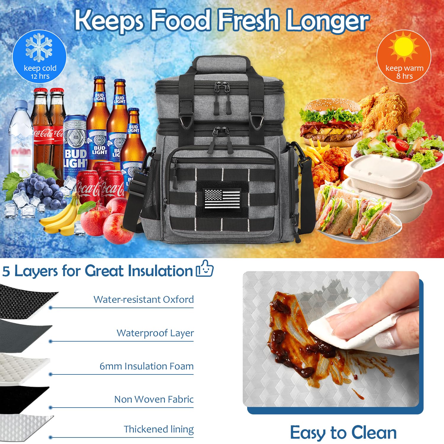 BISKLNDN Tactical Lunch Box for Men - Large Expandable Insulated Lunch Bag Cooler Bag, Soft Mens Lunchbox for Work, Camping, Beach, Picnic, Hiking & Outdoor Shifts, 16L, Black+Gray