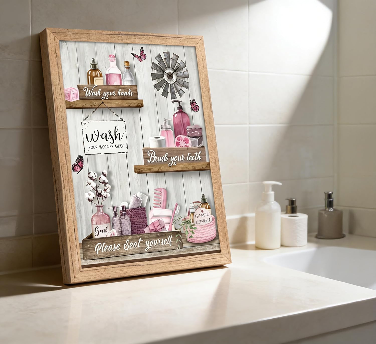 Regine Switzerland Pink Bathroom Canvas Wall Art - Modern Farmhouse Decor | Framed Ready to Hang