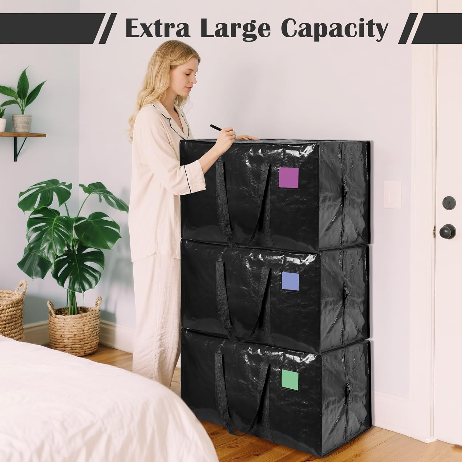Skiennix 6 Pack Moving Bags - Extra Large 93L Heavy Duty Waterproof Storage Totes | Black for College & Home Organization