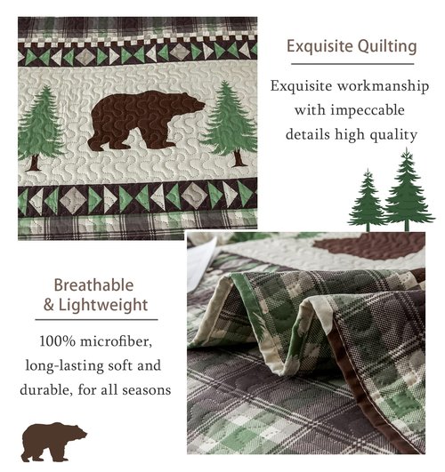 Lodge Quilts Set King Size, 3Pcs Rustic Cabin Brown Bear Bedding Green Pine Tree Bedspread Coverlet Lightweight Soft Reversible Plaid Stripe Bed Cover Set Country Decor for All Season(96"x 108")