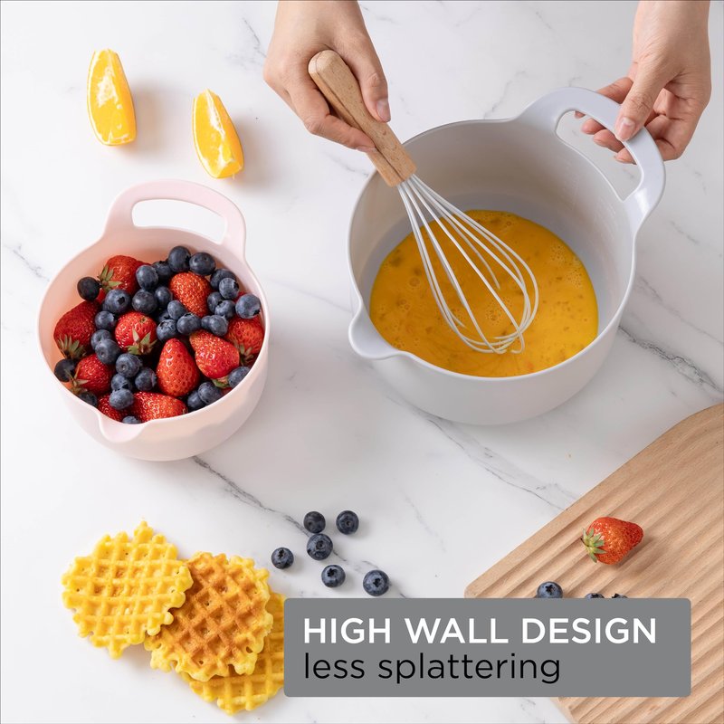 COOK WITH COLOR Nesting Plastic Mixing Bowl Set with Pour Spouts and Handles, Pink, 4 Piece Non-Slip