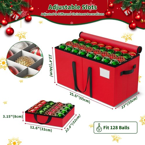 EverMerry Christmas Ornament Storage Box - Large Sturdy Container with Adjustable Dividers & 8 Trays | Holds 128 Decorations (Red)