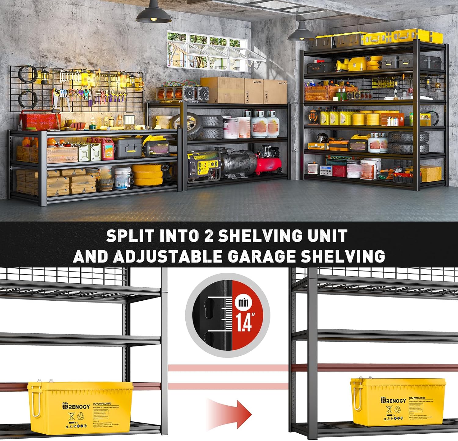 Reibii Heavy-Duty 6-Tier Garage Shelving - Adjustable Metal Storage Shelves, 3500LBS Capacity, 84"H x 48"W x 20"D