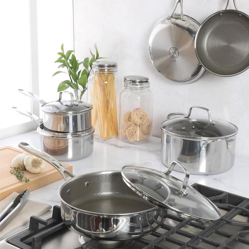 Martha Stewart Badgley Hybrid Nonstick Cookware Set - 10 Piece TriPly Stainless Steel Pots & Pans, Non-Toxic, Dishwasher Safe