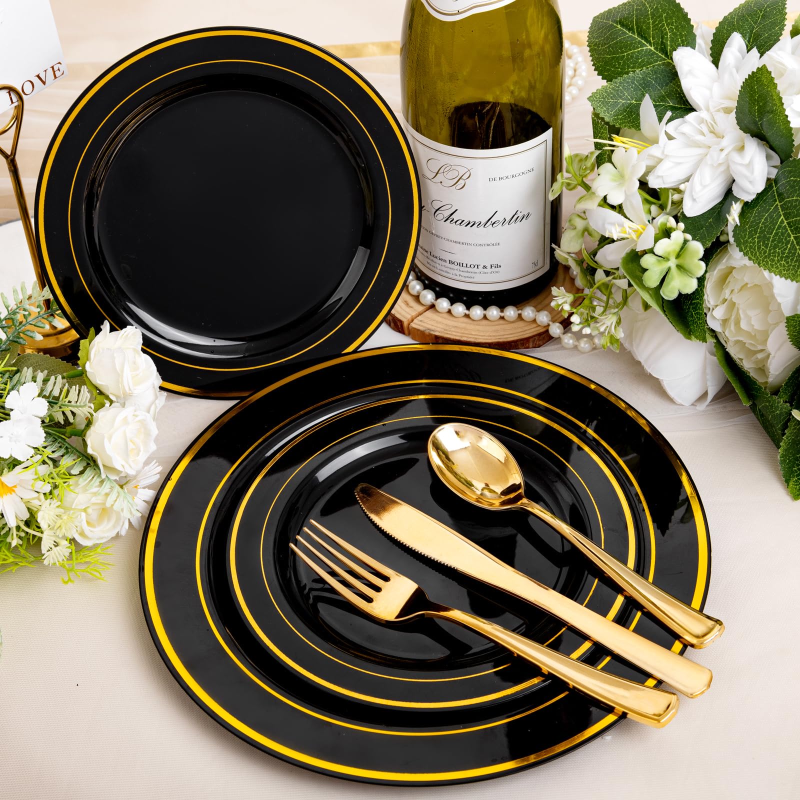 bUCLA 600PCS Black and Gold Disposable Dinnerware Set - Black Plastic Plates Disposable for Party Include 100 Dinner&100 Dessert Plates,100 Knives,100 Forks,100 Spoons,100 Cups for Party & New Year