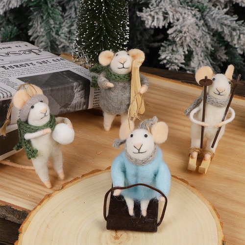 Juegoal Felt Skiing Mice Ornaments - Set of 4 Cute Wool White Mouse Decorations for Christmas Tree & Wreath