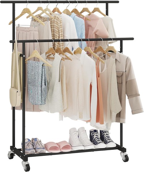 Calmootey Double Rod Clothing Rack - Portable Rolling Organizer for Bedroom & Living Room - Black