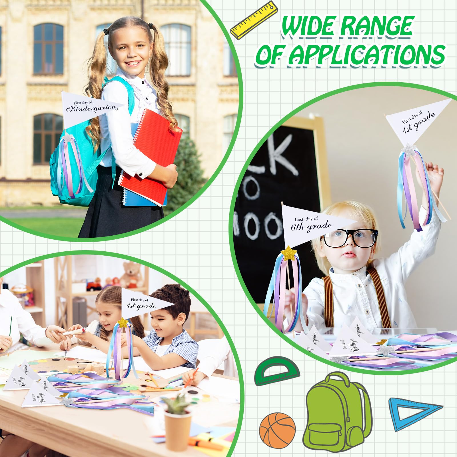 TaoBary 34 Packs First Day of School Flag DIY Back to School Pennants Last Day Pennants Flag Reusable 17 Grades Photo Prop with Stars and Stick for Preschool to College Welcome Classroom Decoration