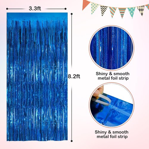 Blue Metallic Tinsel Foil Fringe Curtains - 2 Pack 3.3x8.3 Feet | Perfect for Birthday & Halloween Decor