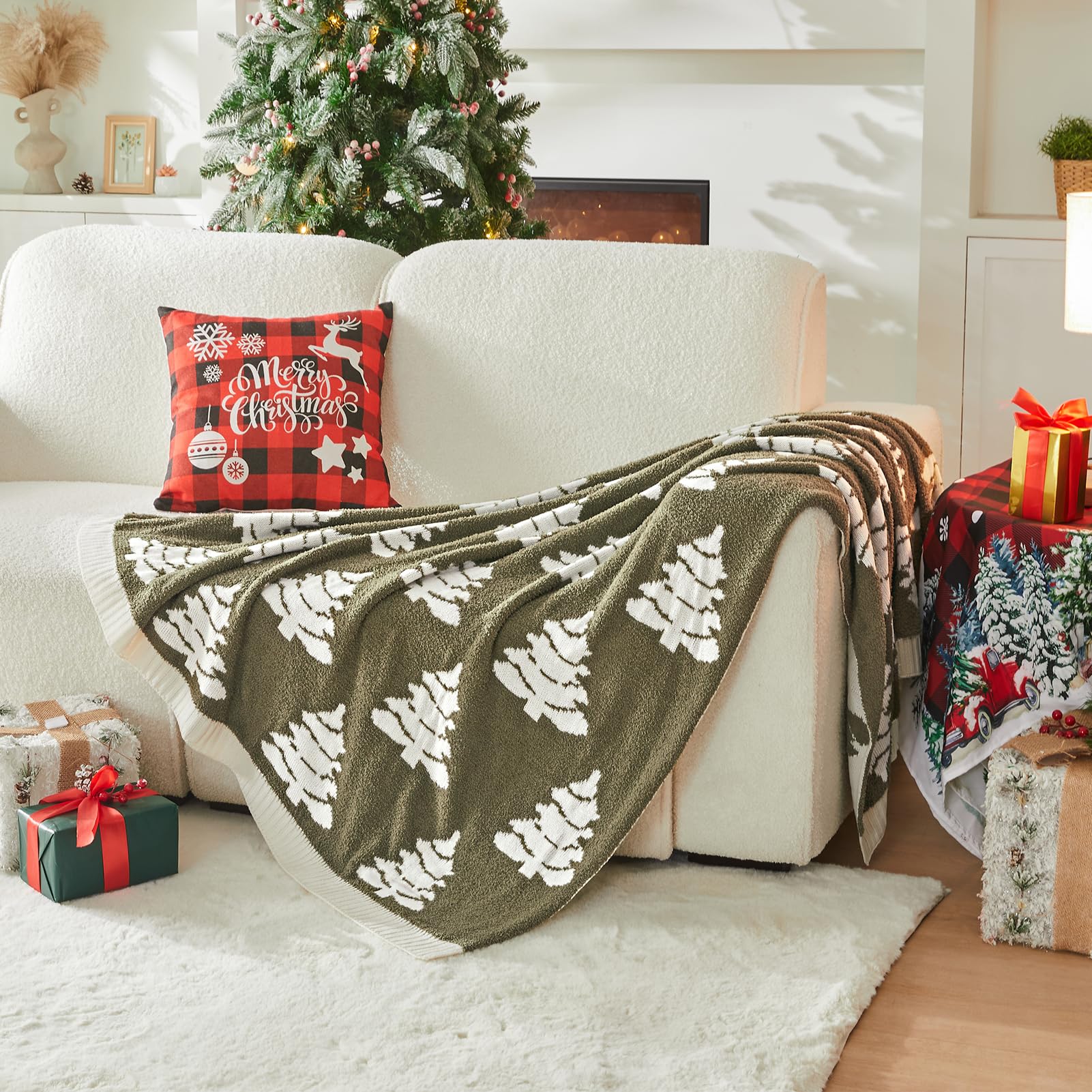 Douceur Christmas Tree Throw Blanket, Ultra Soft Olive Green Fluffy Festival Blanket, Reversible Cozy Decorative Blanket for Bed Couch Sofa, Super Soft Indoor Living Room Plush Throws, 50"X60"